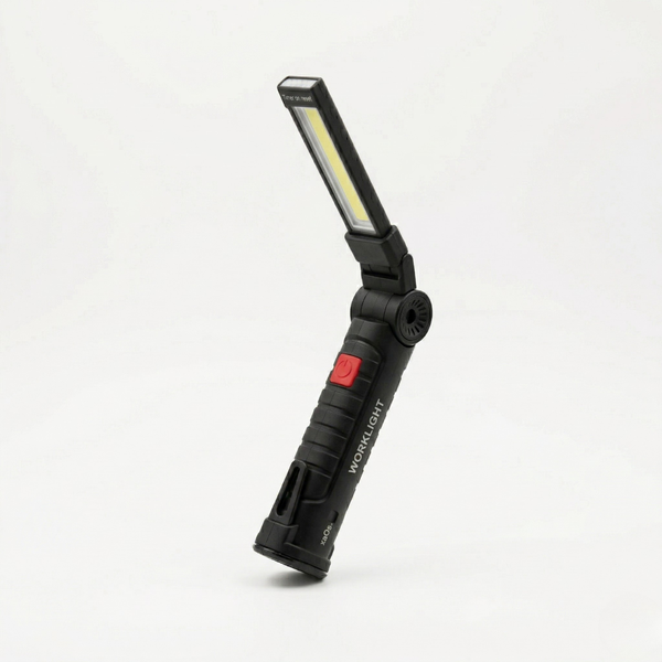 Професійний акумуляторний ліхтар Work Light Pro 2026 у розкладеному стані. Демонстрація поворотної COB-панелі для широкого освітлення на світлому фоні.