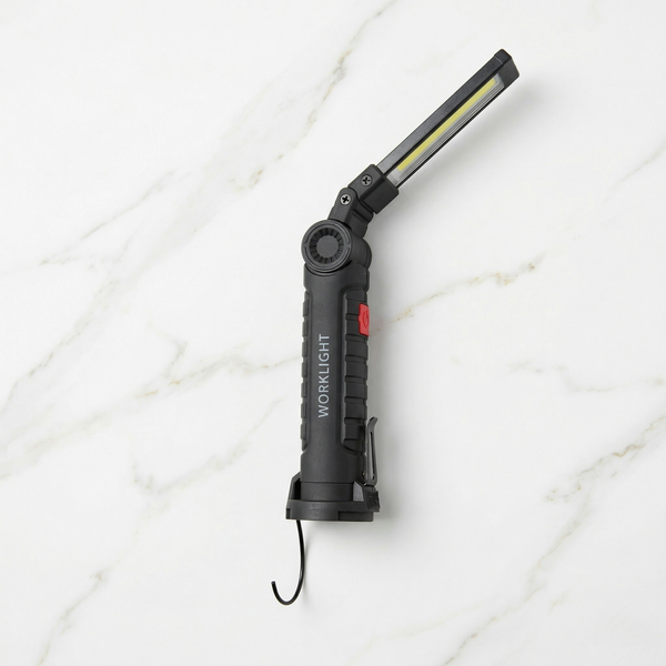 Акумуляторний ліхтар-трансформер Work Light Pro 2026 з висувним металевим гачком для підвішування та вбудованим магнітом у основі.