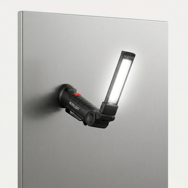 Демонстрація магнітного кріплення ліхтаря Work Light Pro 2026. Потужний неодимовий магніт надійно утримує пристрій на металевій поверхні, забезпечуючи вільні руки для роботи.
