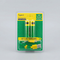Комплект з двох пальчикових акумуляторів AA Li-ion 1.5V зеленого кольору в блістерній упаковці з кабелем Type-C для зарядки.