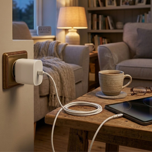 Мережевий блок живлення 35W USB-C з двома металевими конекторами та білим плетеним кабелем Type-C