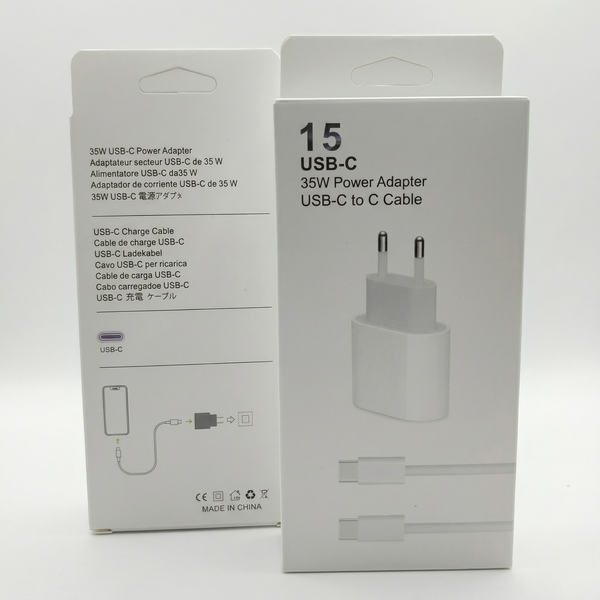 Мережевий блок живлення 35W USB-C та окремо згорнутий плетений кабель Type-C. Комплект для швидкої зарядки смартфонів та планшетів.