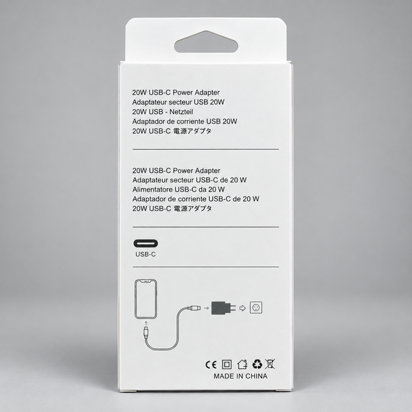 Упаковка зарядного пристрою 20W USB-C з характеристиками та схемою підключення