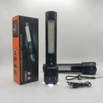 Потужний ручний ліхтар White Laser LED з активованою бічною COB-панеллю, цифровим дисплеєм заряду та фірмовою коробкою.