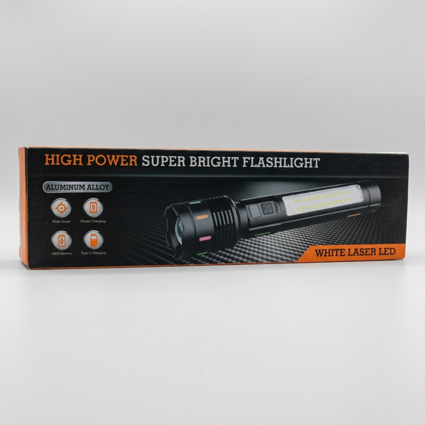 Повний вигляд упаковки ліхтаря High Power Super Bright Flashlight з позначкою White Laser LED та описом основних функцій.