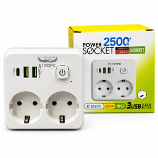 Мережевий перехідник на 2 розетки 2500 Вт з 2 USB-A та USB-C та заводська коробка