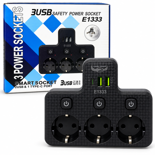 Мережевий перехідник на 3 розетки 2500 Вт з 2 USB-A, USB-C та заводською коробкою