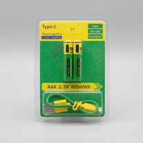 Акумуляторні батарейки AAA Li-ion 800mWh 1.5V з портом Type-C у фірмовій блістерній упаковці зелено-жовтого кольору.