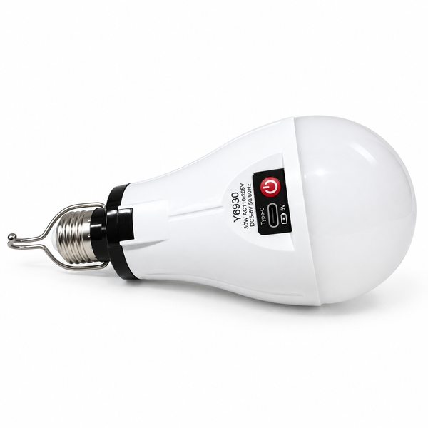 Аварійна LED-лампа Y6930 30 Вт E27 з кнопкою керування, USB-C та підвісним гачком &mdash; вигляд збоку